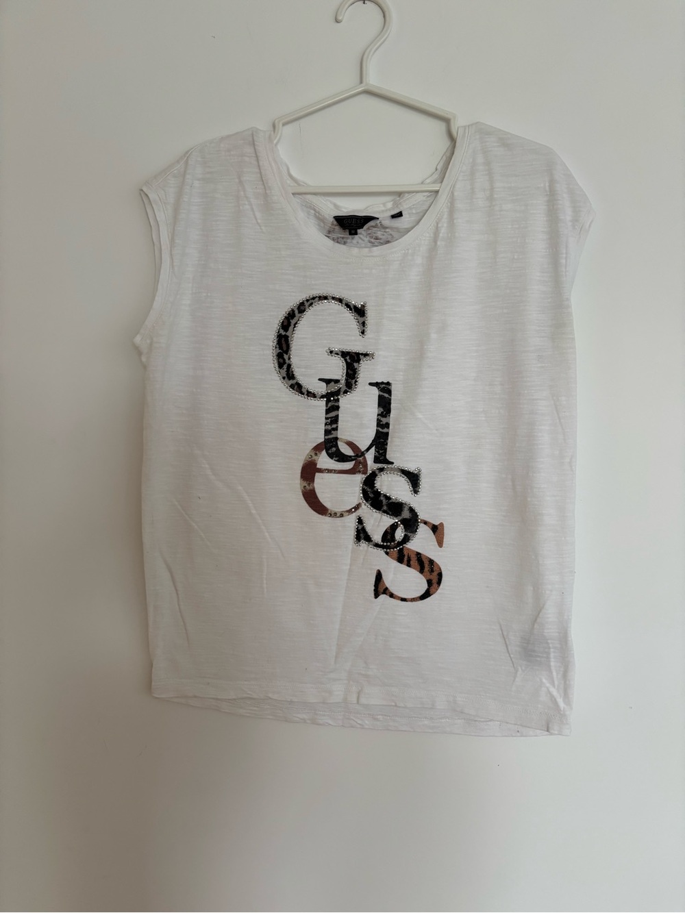 Guess White Muscle Tee with Leopard Logo